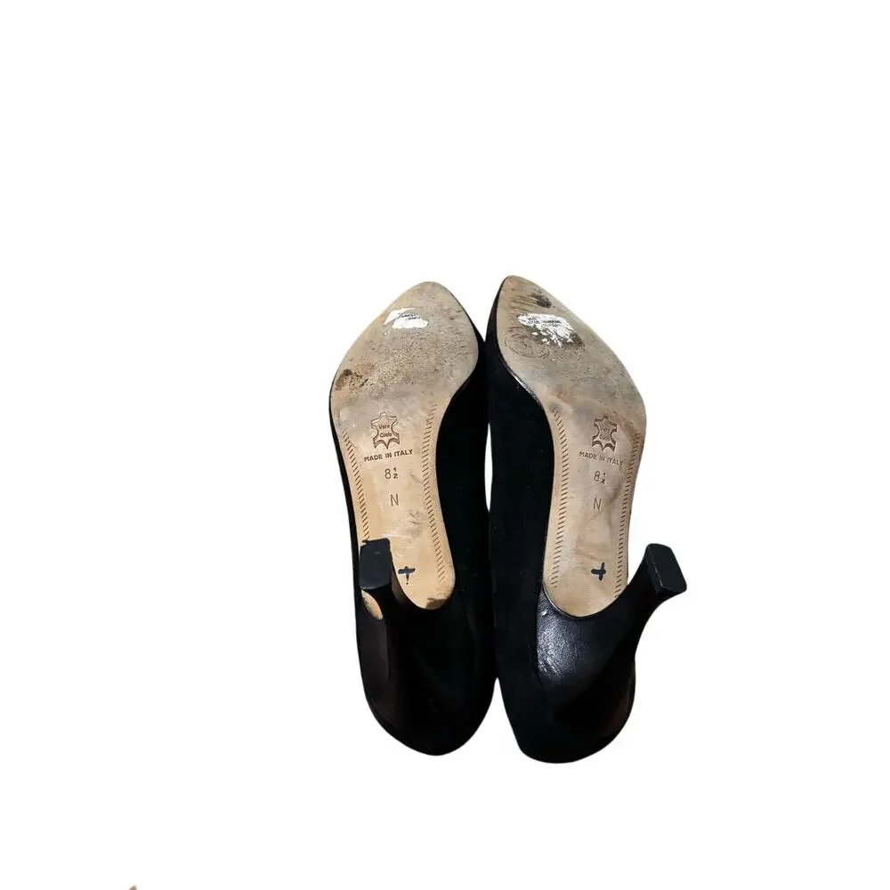 Saks Fifth Ave 8.5N black leather and suede Louis heel 2.5” pointed toe euc